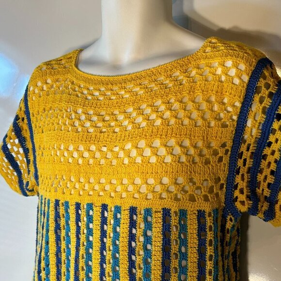 Yellow & Blues SZ S crochet open weave top boho handknit unique mod retro - Picture 2 of 5